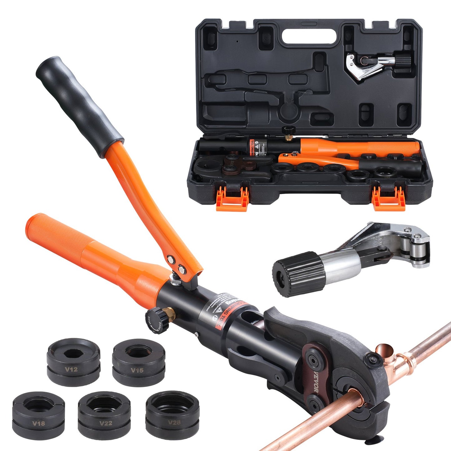 Presswerkzeug für Kupferrohrverbindungen mit V12/15/18/22/28 Backen, 360° drehbar