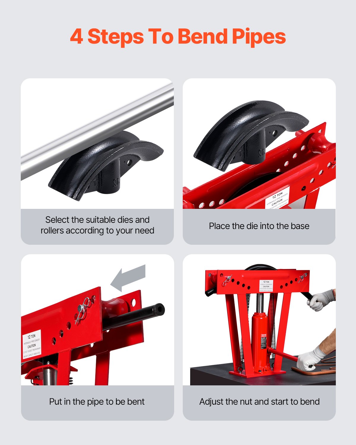 Hydraulic pipe bender, 12 ton manual pipe bending tool with 6 punches