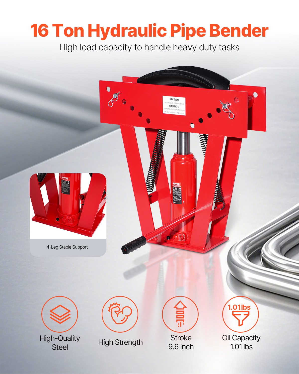 Hydraulic pipe bender, 16 ton manual pipe bending tool with 8 punches