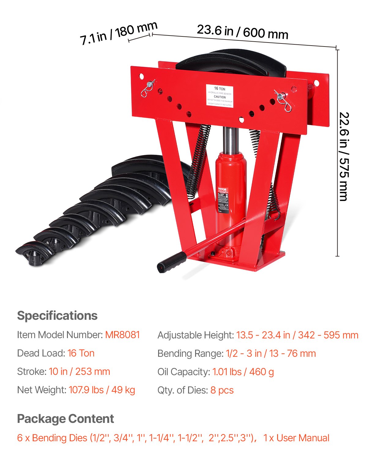 Hydraulic pipe bender, 16 ton manual pipe bending tool with 8 punches