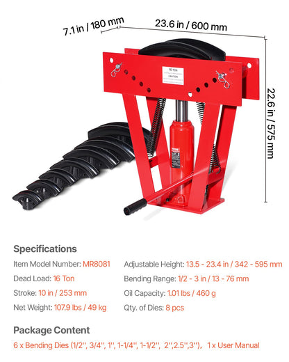 Hydraulic pipe bender, 16 ton manual pipe bending tool with 8 punches