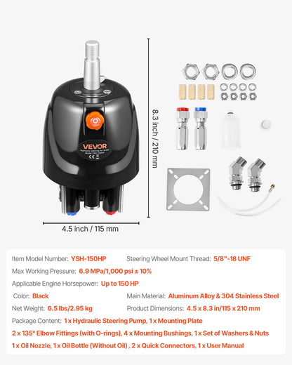Hydraulic Steering Helm Pump, 150 HP, Helm Pump for Boat, with 6.9 MPa/1000 psi Max Working Pressure, Aluminum Alloy Housing, Check Valve, Replaceable Shaft Seal, for Outboards Fishing Boats