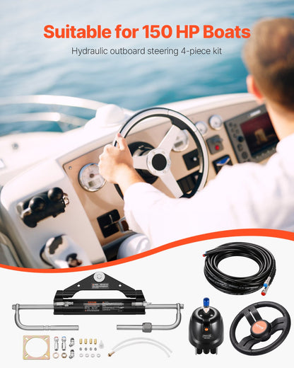 150HP Hydraulic Outboard Steering Kit, Marine Boat Hydraulic Steering System with 13.5-inch Steering Wheel, Helm Pump, Hydraulic Cylinder & 2PCS 26FT Hoses for Single Station Single-Engine Boats