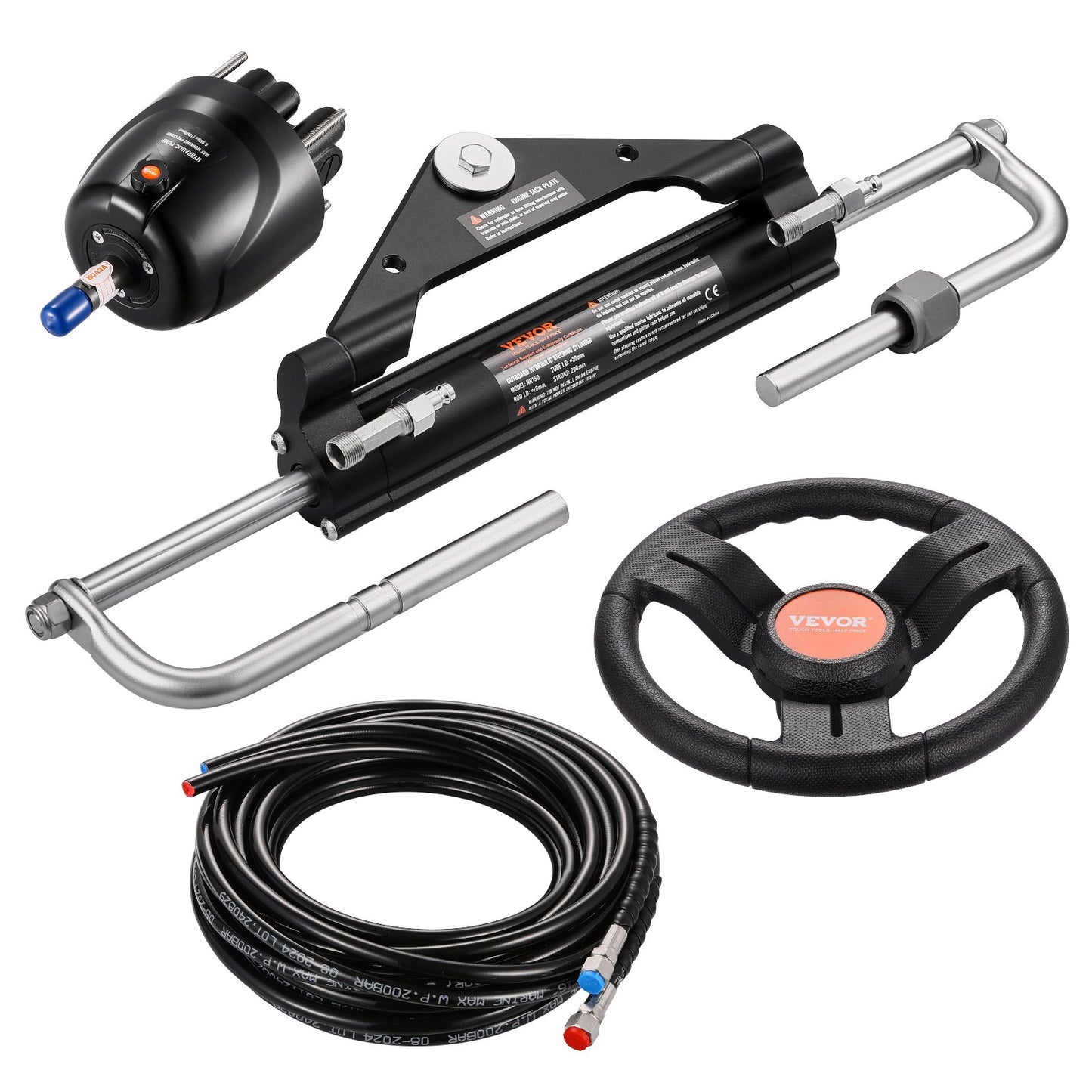 150HP Hydraulic Outboard Steering Kit, Marine Boat Hydraulic Steering System with 13.5-inch Steering Wheel, Helm Pump, Hydraulic Cylinder & 2PCS 26FT Hoses for Single Station Single-Engine Boats