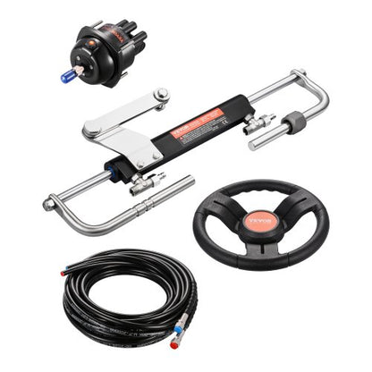 90HP Hydraulic Outboard Steering Kit, Marine Boat Hydraulic Steering System with 13.5-inch Steering Wheel, Helm Pump, Hydraulic Cylinder & 2PCS 26FT Hoses for Single Station Single-Engine Boats