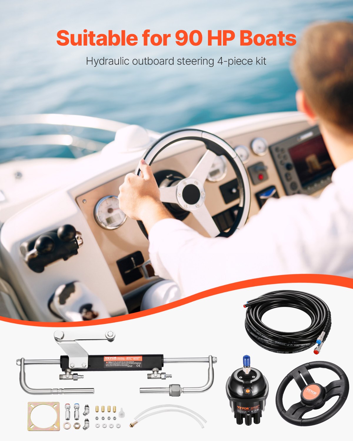 90HP Hydraulic Outboard Steering Kit, Marine Boat Hydraulic Steering System with 13.5-inch Steering Wheel, Helm Pump, Hydraulic Cylinder & 2PCS 26FT Hoses for Single Station Single-Engine Boats