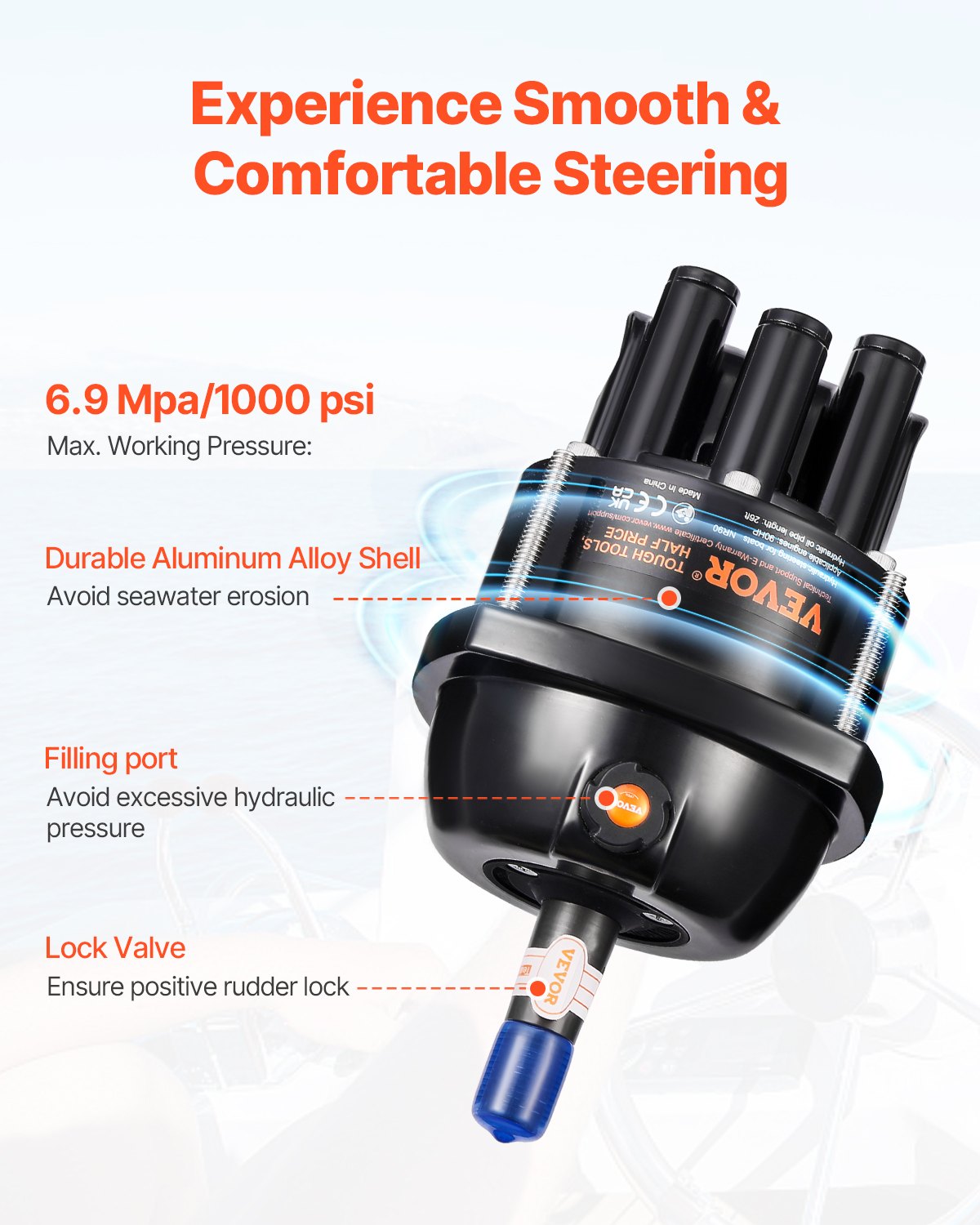 90HP Hydraulic Outboard Steering Kit, Marine Boat Hydraulic Steering System with 13.5-inch Steering Wheel, Helm Pump, Hydraulic Cylinder & 2PCS 26FT Hoses for Single Station Single-Engine Boats