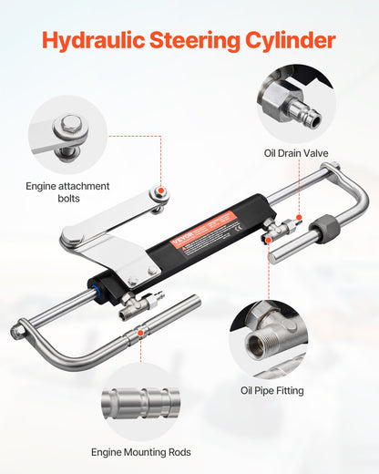 90HP Hydraulic Outboard Steering Kit, Marine Boat Hydraulic Steering System with 13.5-inch Steering Wheel, Helm Pump, Hydraulic Cylinder & 2PCS 26FT Hoses for Single Station Single-Engine Boats