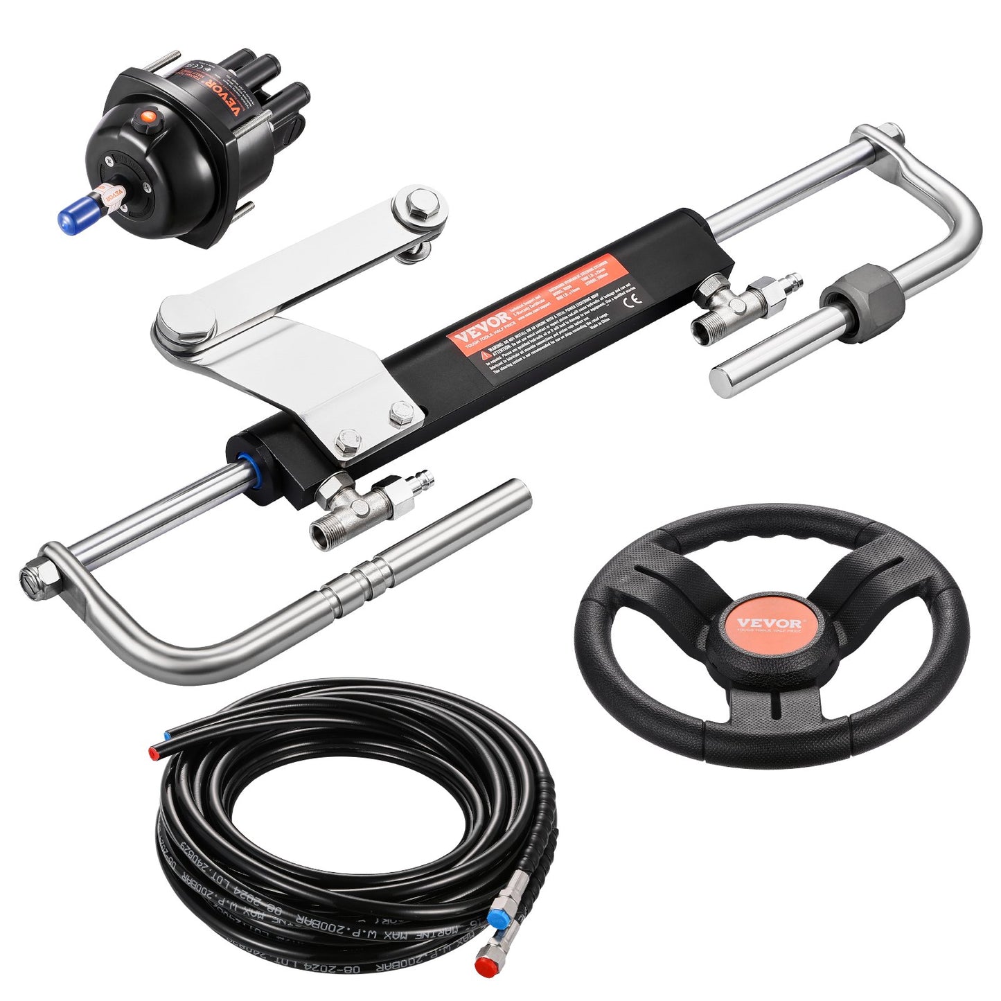 90HP Hydraulic Outboard Steering Kit, Marine Boat Hydraulic Steering System with 13.5-inch Steering Wheel, Helm Pump, Hydraulic Cylinder & 2PCS 26FT Hoses for Single Station Single-Engine Boats