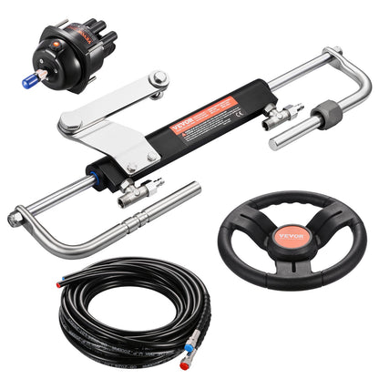 90HP Hydraulic Outboard Steering Kit, Marine Boat Hydraulic Steering System with 13.5-inch Steering Wheel, Helm Pump, Hydraulic Cylinder & 2PCS 26FT Hoses for Single Station Single-Engine Boats