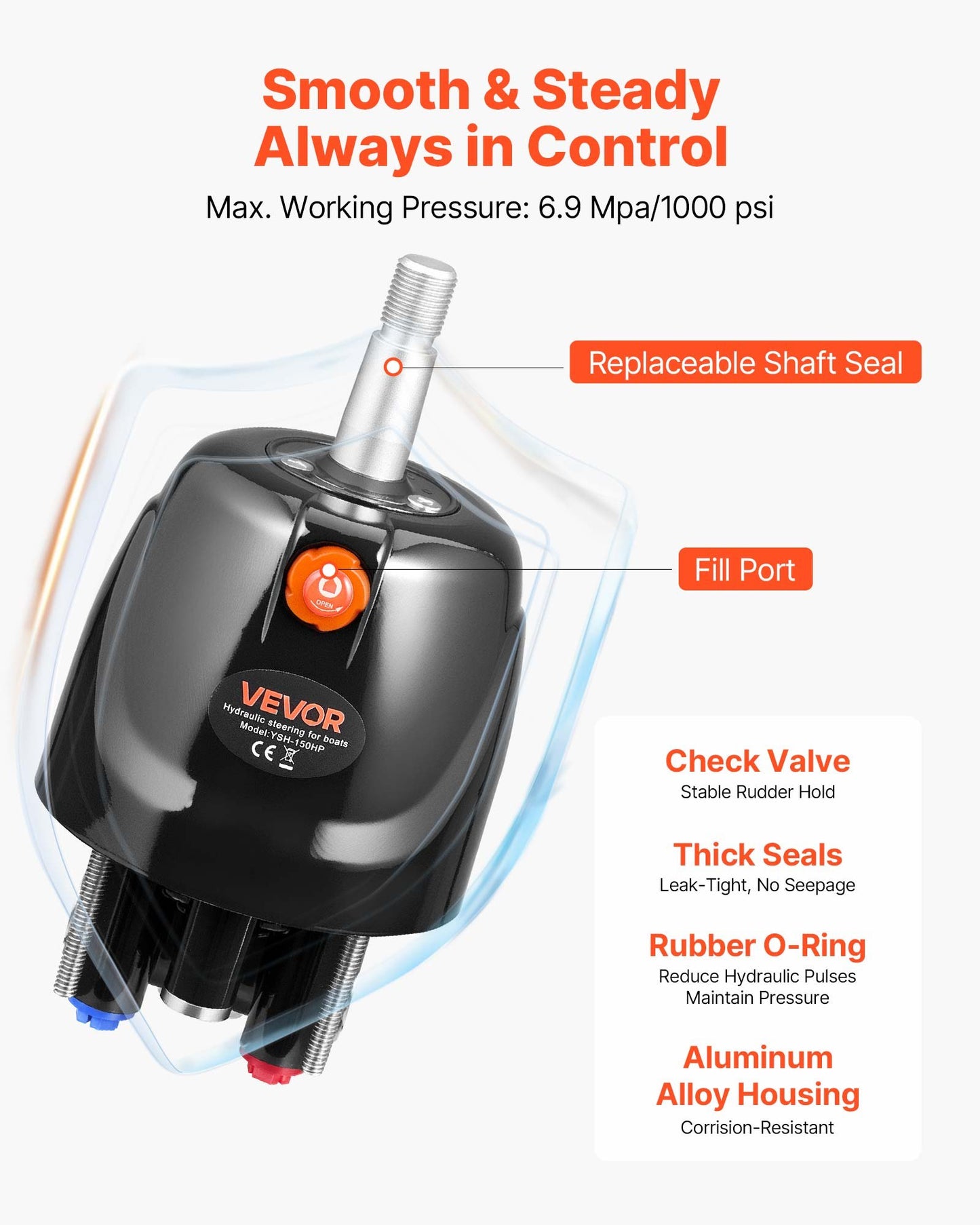 Hydraulic Steering Kit, 150 HP, Marine Boat Hydraulic Steering System, with 6.9 MPa/1000 psi Helm Pump, Two-Way Lock Cylinder, and 26ft High-Strength Hoses, for Single Station, Single-Engine Use