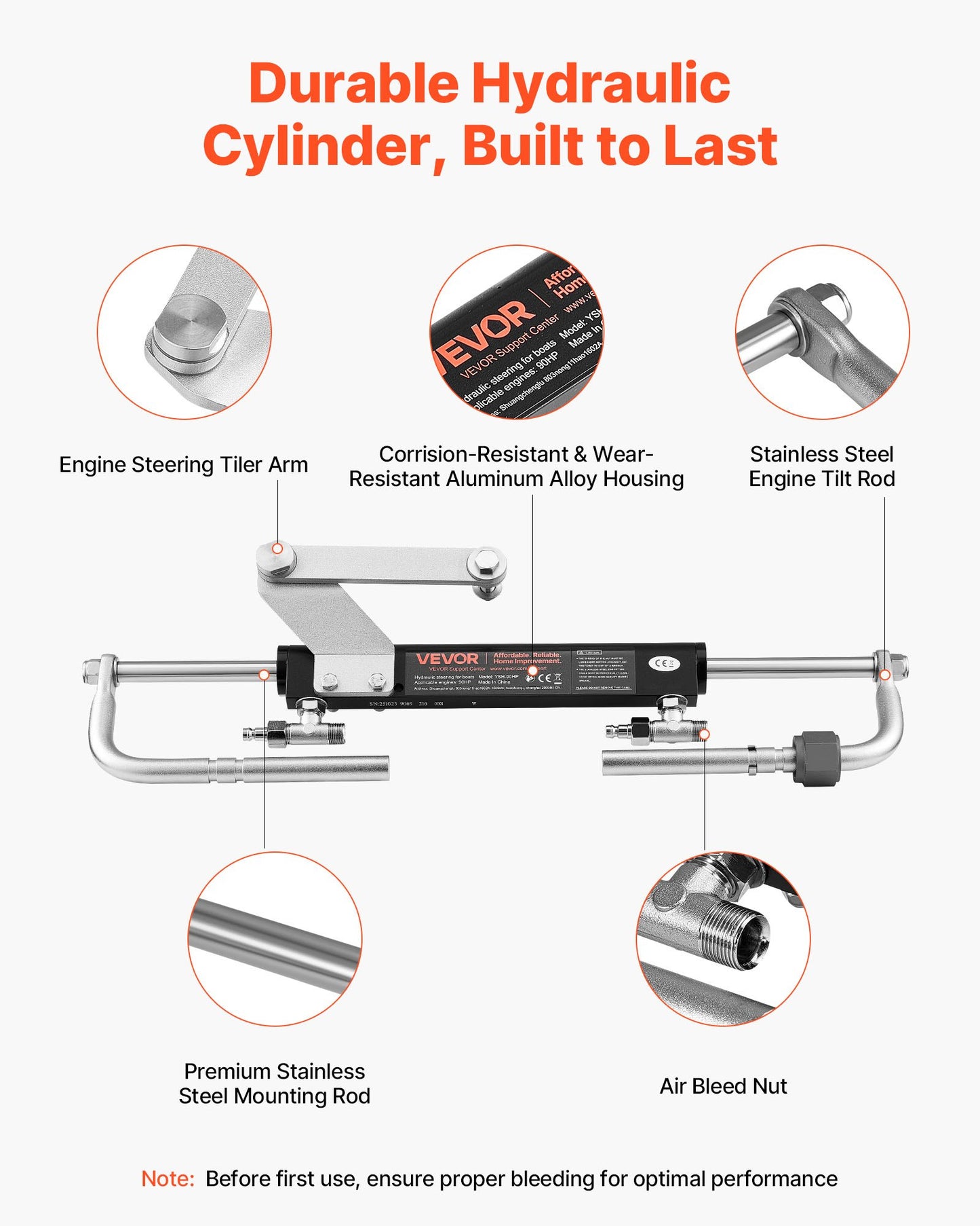 Hydraulic Steering Kit, 90 HP, Marine Boat Hydraulic Steering System, with 6.9 MPa/1000 psi Helm Pump, Two-Way Lock Cylinder, and 20 ft High-Strength Hoses, for Single Station, Single-Engine Use