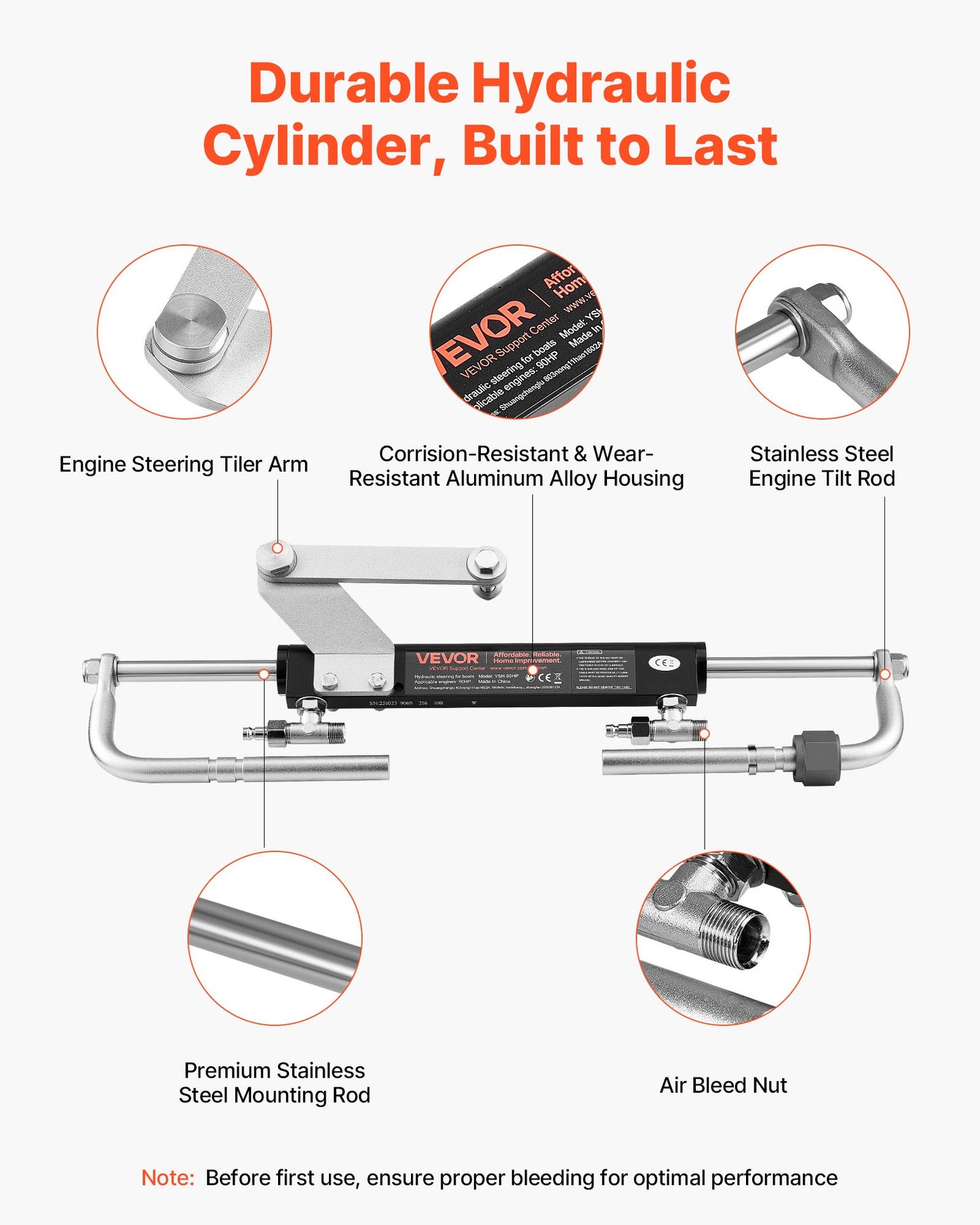 Hydraulic Steering Kit, 90 HP, Hydraulic Steering Helm Pump & Cylinder, with 6.9 MPa/1000 psi Max Working Pressure, Aluminum Alloy Housing, Check Valve, for Outboards Fishing Boats Sailboats