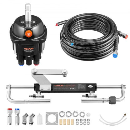 Hydraulic Steering Kit, 90 HP, Marine Boat Hydraulic Steering System, with 6.9 MPa/1000 psi Helm Pump, Two-Way Lock Cylinder, and 24 ft High-Strength Hoses, for Single Station, Single-Engine Use