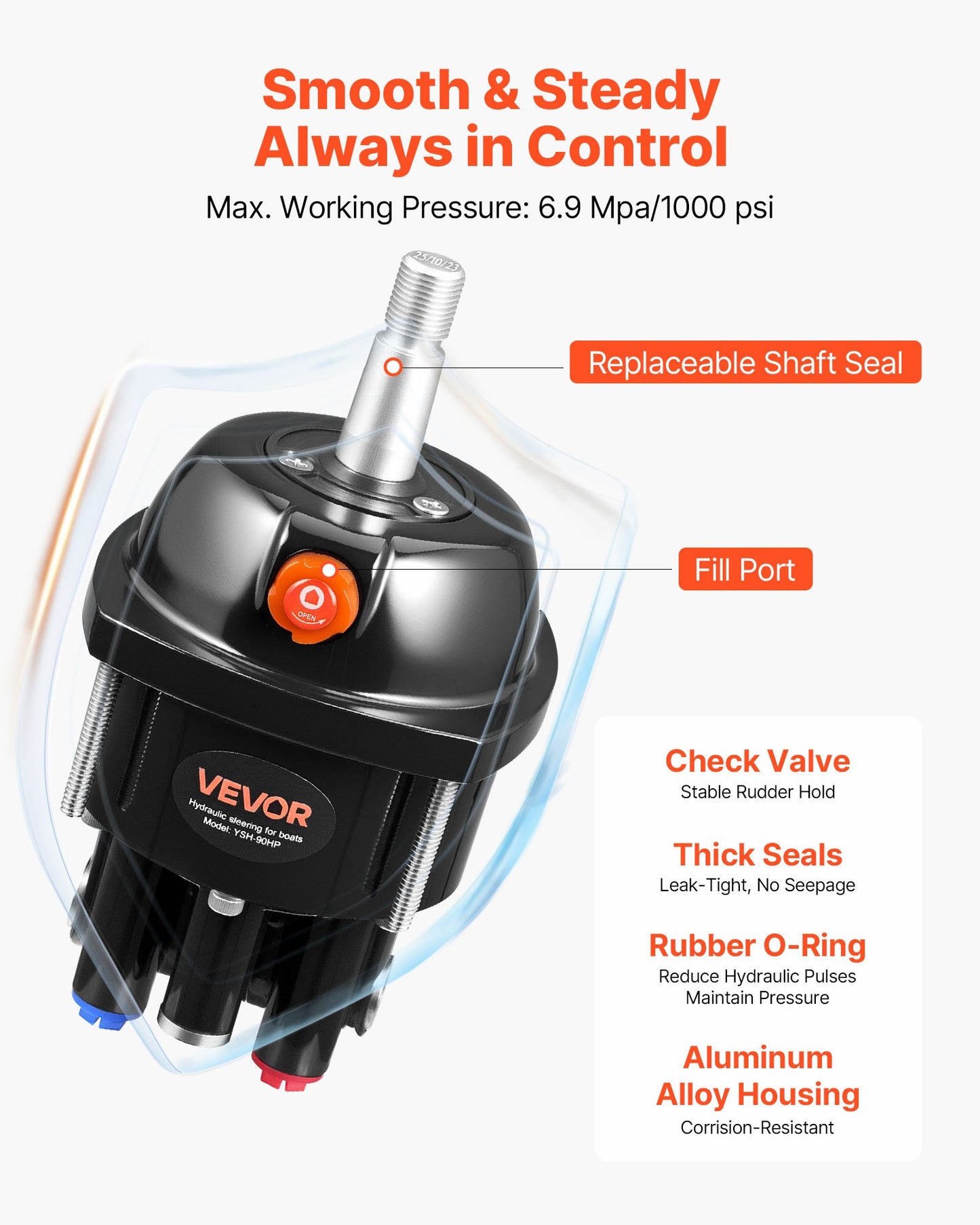 Hydraulic Steering Kit, 90 HP, Marine Boat Hydraulic Steering System, with 6.9 MPa/1000 psi Helm Pump, Two-Way Lock Cylinder, and 24 ft High-Strength Hoses, for Single Station, Single-Engine Use