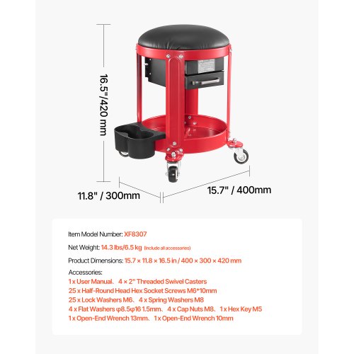 Rollbarer Mechanikerhocker, Garagensitz, 136 kg Tragkraft, mit Rädern und Stauraum | EU