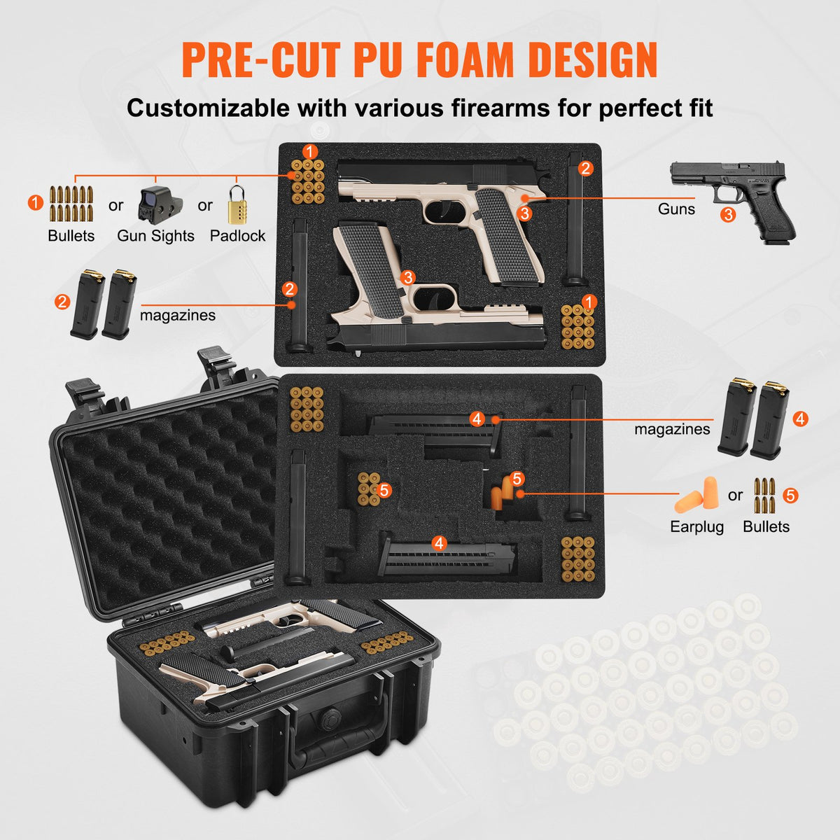 Hard Pistol Cases with Pre-cut PU Foam, Waterproof & Dustproof Hard Gun Case for 1 Pistol, 14.1×11.5×7.6 in Lockable Pistol Case, Black