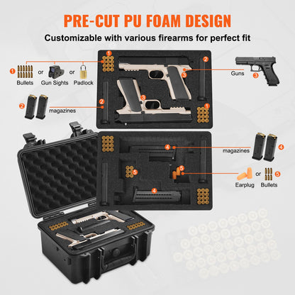 Hard Pistol Cases with Pre-cut PU Foam, Waterproof & Dustproof Hard Gun Case for 1 Pistol, 14.1×11.5×7.6 in Lockable Pistol Case, Black