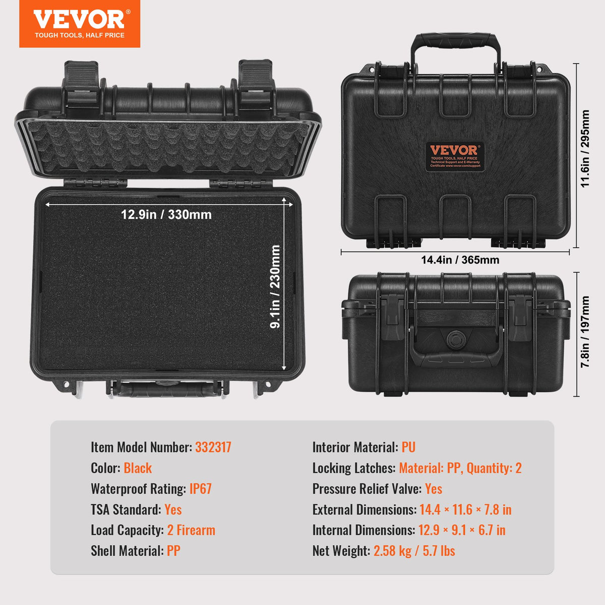 Hard Pistol Cases with Pre-cut PU Foam, Waterproof & Dustproof Hard Gun Case for 1 Pistol, 14.1×11.5×7.6 in Lockable Pistol Case, Black