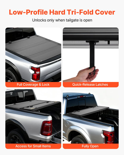 Hard Tri-Fold Truck Bed Tonneau Cover, Compatible with 2019-2025 Dodge Ram 1500 5.6 ft (67.4 in) Bed, Waterproof Low-Profile Hard Folding Truck Tonneau Cover with Aluminum Alloy Support Bar