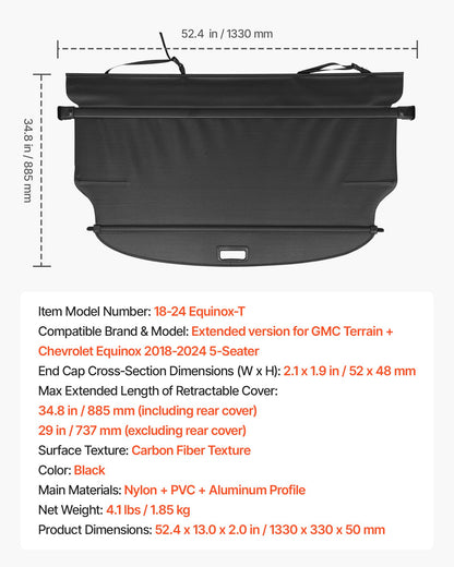 Retractable Cargo Cover, Carbon Fiber Texture Trunk Cover, Anti-Peeping Luggage Privacy Shield, Seamless Fixation Shade, Extended Version for GMC Terrain & Chevrolet Equinox 2018-2024 5-Seater