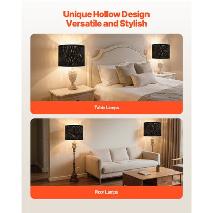 Trumlampskärmar 2-set, 33 cm topp x 33 cm botten x 25 cm hög, mellanstor trumlampskärm med harpa, reservlampskärm för bordslampor, golvlampor och pendellampor, svart ihålig snidad design |  EU