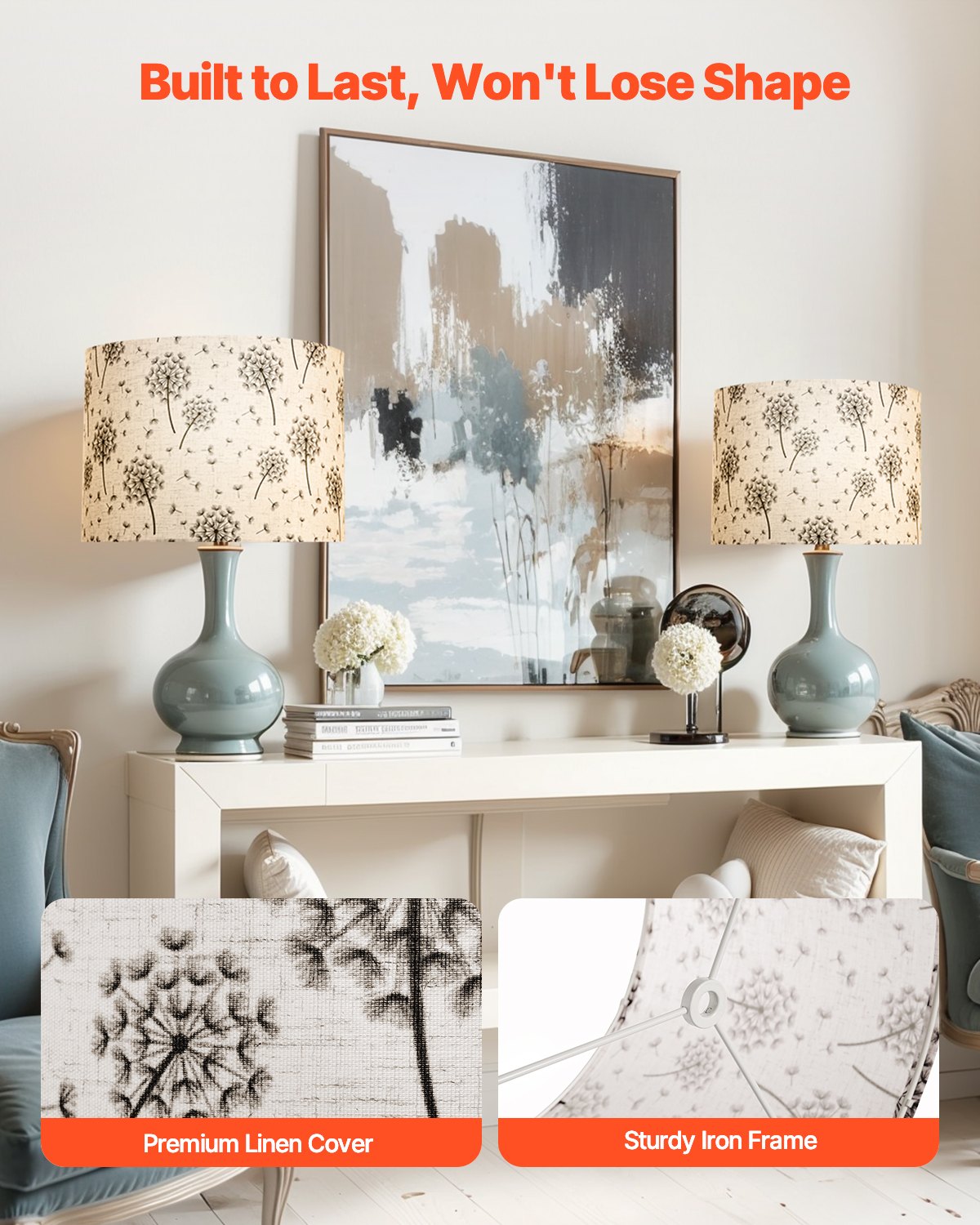 Drum Lamp Shade 2 Set, 13 in Top x 13 in Bottom x 10 in High, Medium Drum Linen Lampshade, Replacement Lamp Shade for Table Lamps Floor Lamps, Easy Assembly Required (Light Dandelion Pattern)