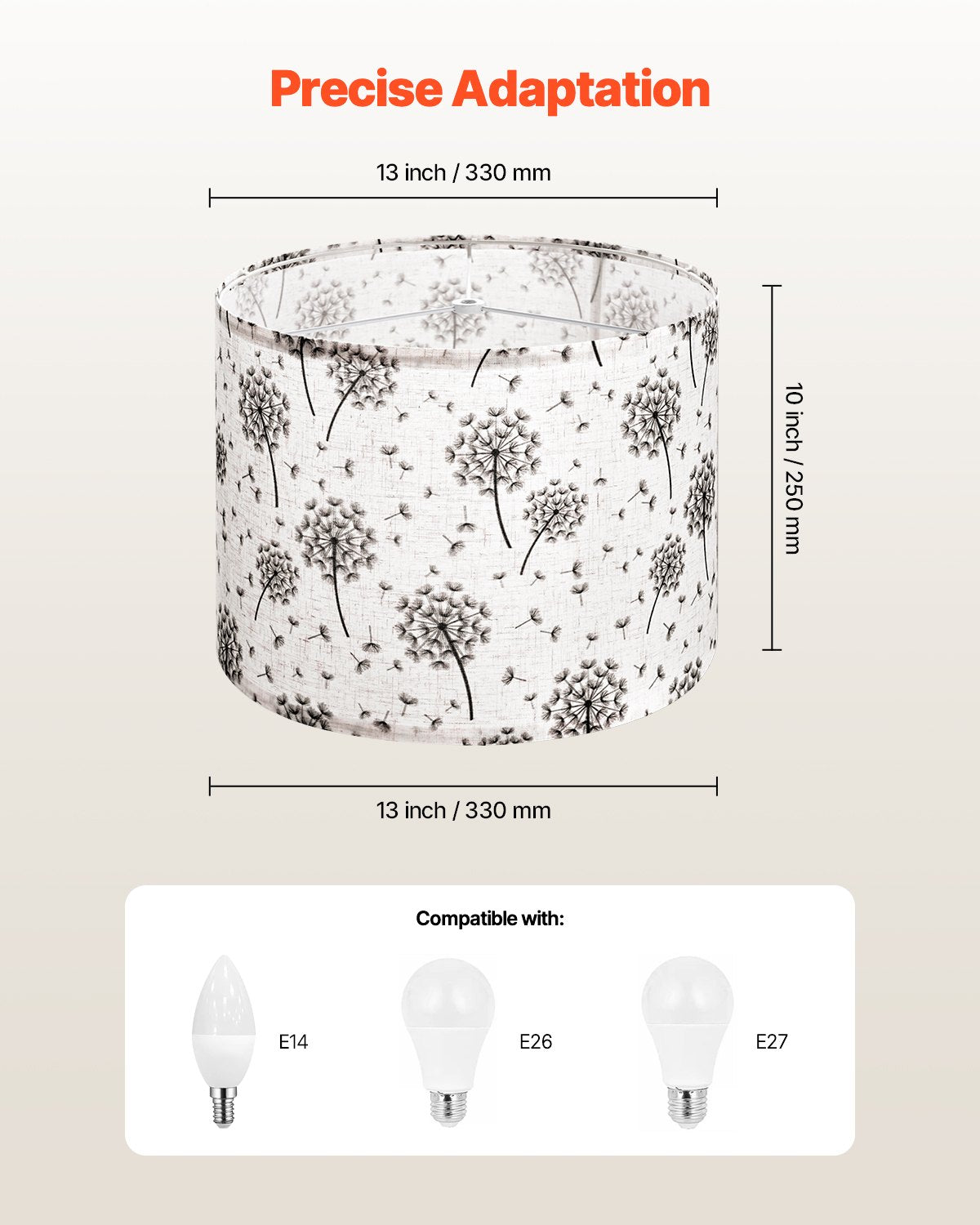 Drum Lamp Shade 2 Set, 13 in Top x 13 in Bottom x 10 in High, Medium Drum Linen Lampshade, Replacement Lamp Shade for Table Lamps Floor Lamps, Easy Assembly Required (Light Dandelion Pattern)