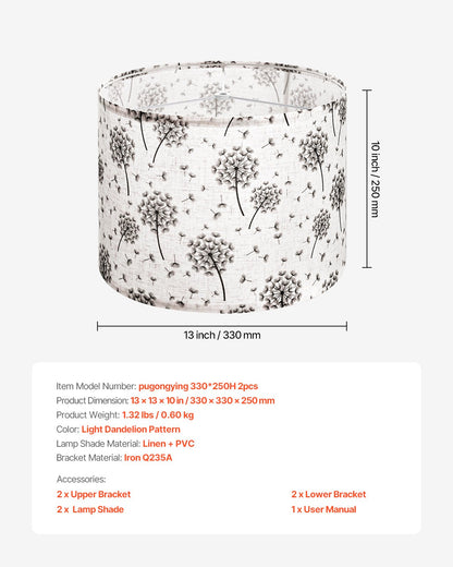 Drum Lamp Shade 2 Set, 13 in Top x 13 in Bottom x 10 in High, Medium Drum Linen Lampshade, Replacement Lamp Shade for Table Lamps Floor Lamps, Easy Assembly Required (Light Dandelion Pattern)