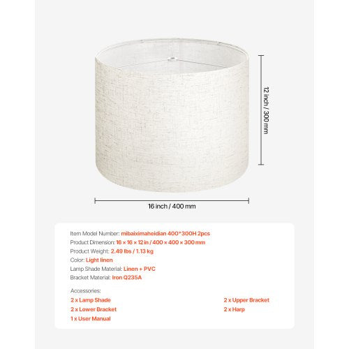 Trommel-Lampenschirme, 2er-Set, 40,6 x 40,6 x 30,5 cm, Lampenschirm mit Harfe (helles Leinen) | EU