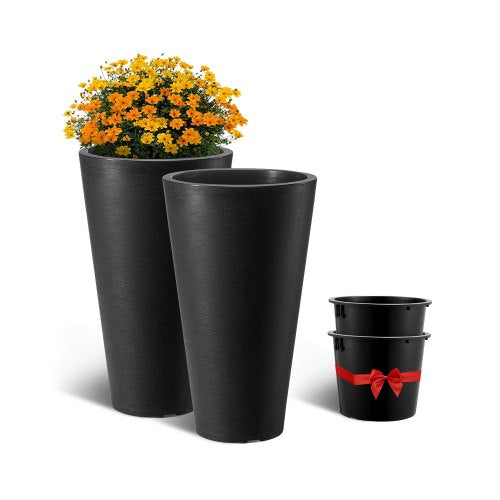 Set of 2 Tall Planter For Outdoor Indoor Plants 24inch, Black Round Large Planters For Front Porch, Patio, Tall Taper Flower Tree Plant Pots with Modern Design and Built-in Drainage
