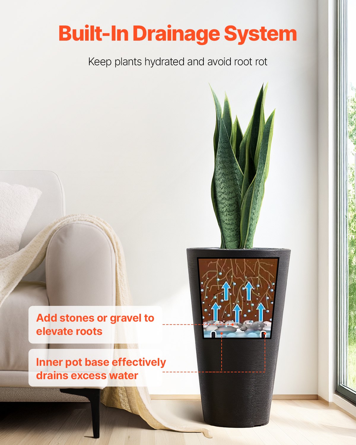 Hohes Pflanzgefäß-Set mit 2 runden, konischen Blumentöpfen, 61 cm, für den Innen- und Außenbereich