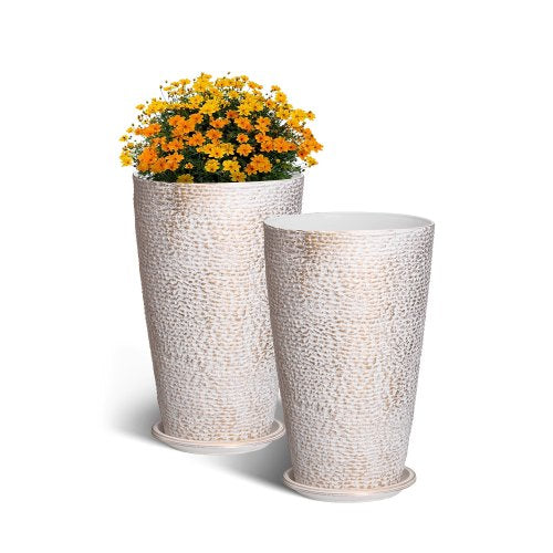 Set of 2 Tall Outdoor Planters 21"H, Round Large Planters For Front Porch and Patio, Stone Finish Flower Tree Plant Pots