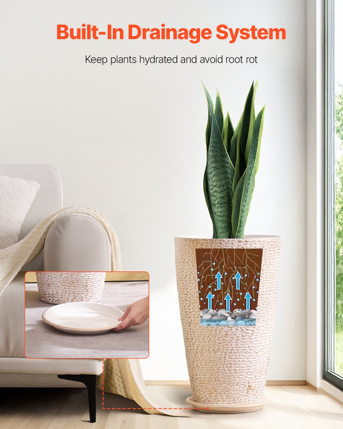 Tall Planter Set med 2 runda avsmalnande växtkrukor 21 in för utomhus inomhus