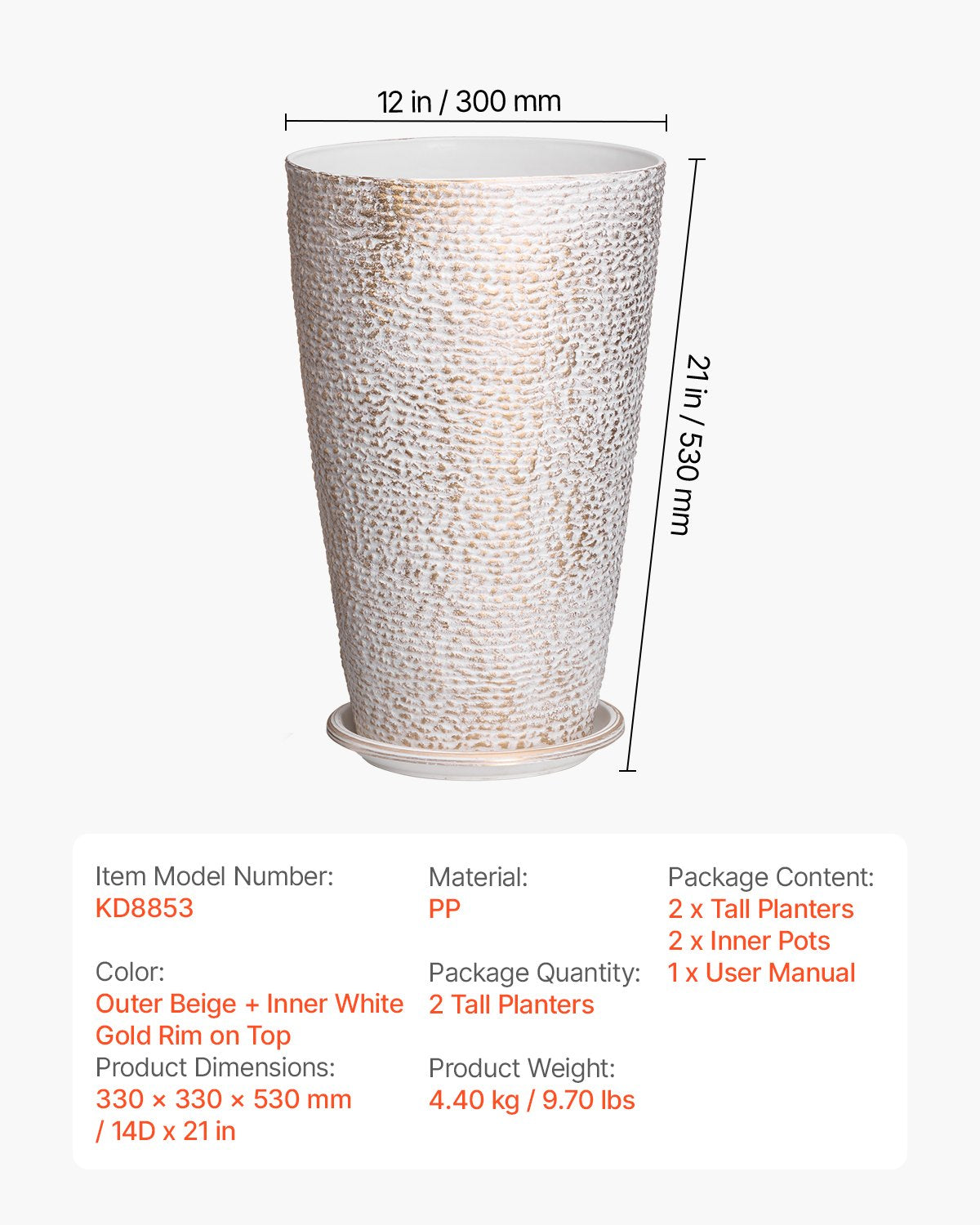 Tall Planter Set med 2 runda avsmalnande växtkrukor 21 in för utomhus inomhus