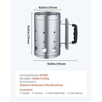 Kolstartare, 1,8 kg stor kolkamin, kraftig grilltändare i stål för kolgrill och grillar, kompakt koltändare och grillverktyg för språng, silver |  EU