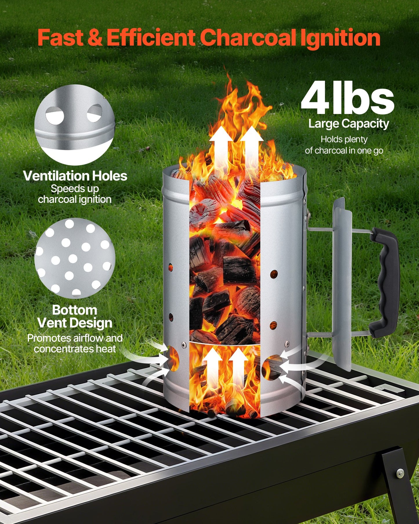 Charcoal Chimney Starter, 4 lbs Large Capacity Coal Fireplace, Heavy Duty BBQ Steel Chimney Starter for Charcoal Grill and Barbecues, Compact On-the-Go Carbon Lighter and BBQ Grill Tool, Silver