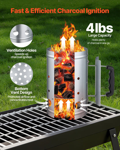 Charcoal Chimney Starter, 4 lbs Large Capacity Coal Fireplace, Heavy Duty BBQ Steel Chimney Starter for Charcoal Grill and Barbecues, Compact On-the-Go Carbon Lighter and BBQ Grill Tool, Silver