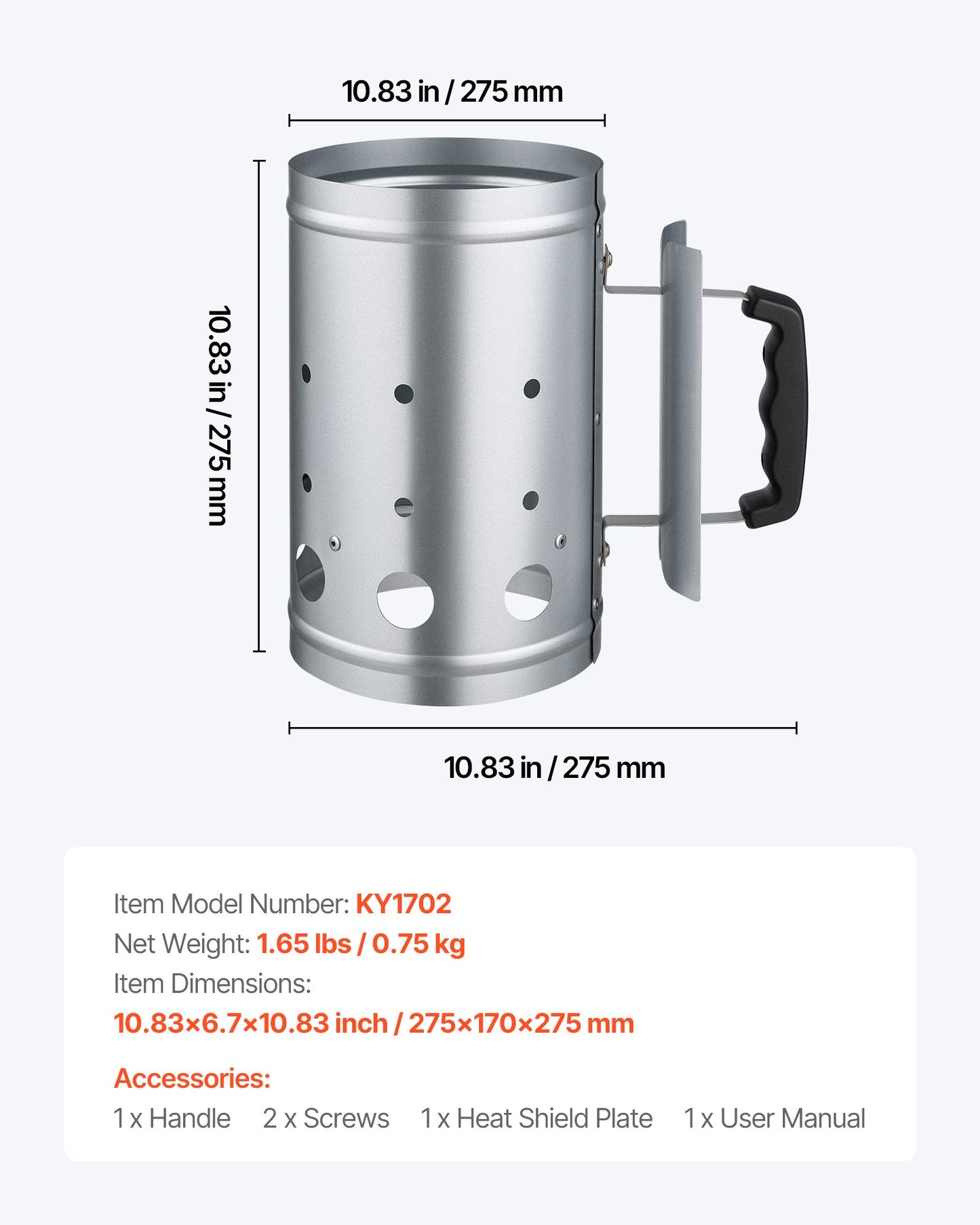 Charcoal Chimney Starter, 4 lbs Large Capacity Coal Fireplace, Heavy Duty BBQ Steel Chimney Starter for Charcoal Grill and Barbecues, Compact On-the-Go Carbon Lighter and BBQ Grill Tool, Silver