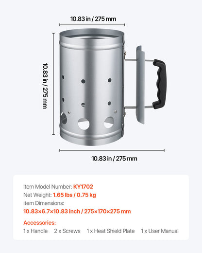 Charcoal Chimney Starter, 4 lbs Large Capacity Coal Fireplace, Heavy Duty BBQ Steel Chimney Starter for Charcoal Grill and Barbecues, Compact On-the-Go Carbon Lighter and BBQ Grill Tool, Silver
