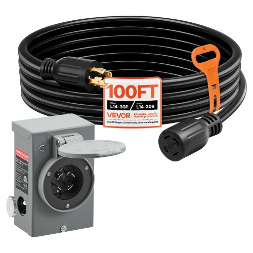 30 Amp Generator Cord and Power Inlet Box, 100 FT, 125/250V NEMA L14-30P to L14-30R Heavy Duty Extension Power Cord, SJTW 10AWG 7500W, Pre-Drilled Inlet Box, for Generator to House, ETL Listed