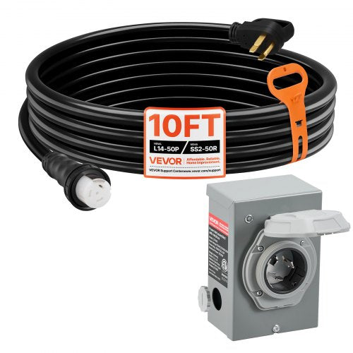 50 Amp Generator Cord and Power Inlet Box, 10FT, 125V/250V STW 6/3 + 8/1 AWG Extension Power Cord, NEMA 14-50P to SS2-50R, Twist Lock Connector, Inlet Box Kit, for Generator to House, ETL Listed