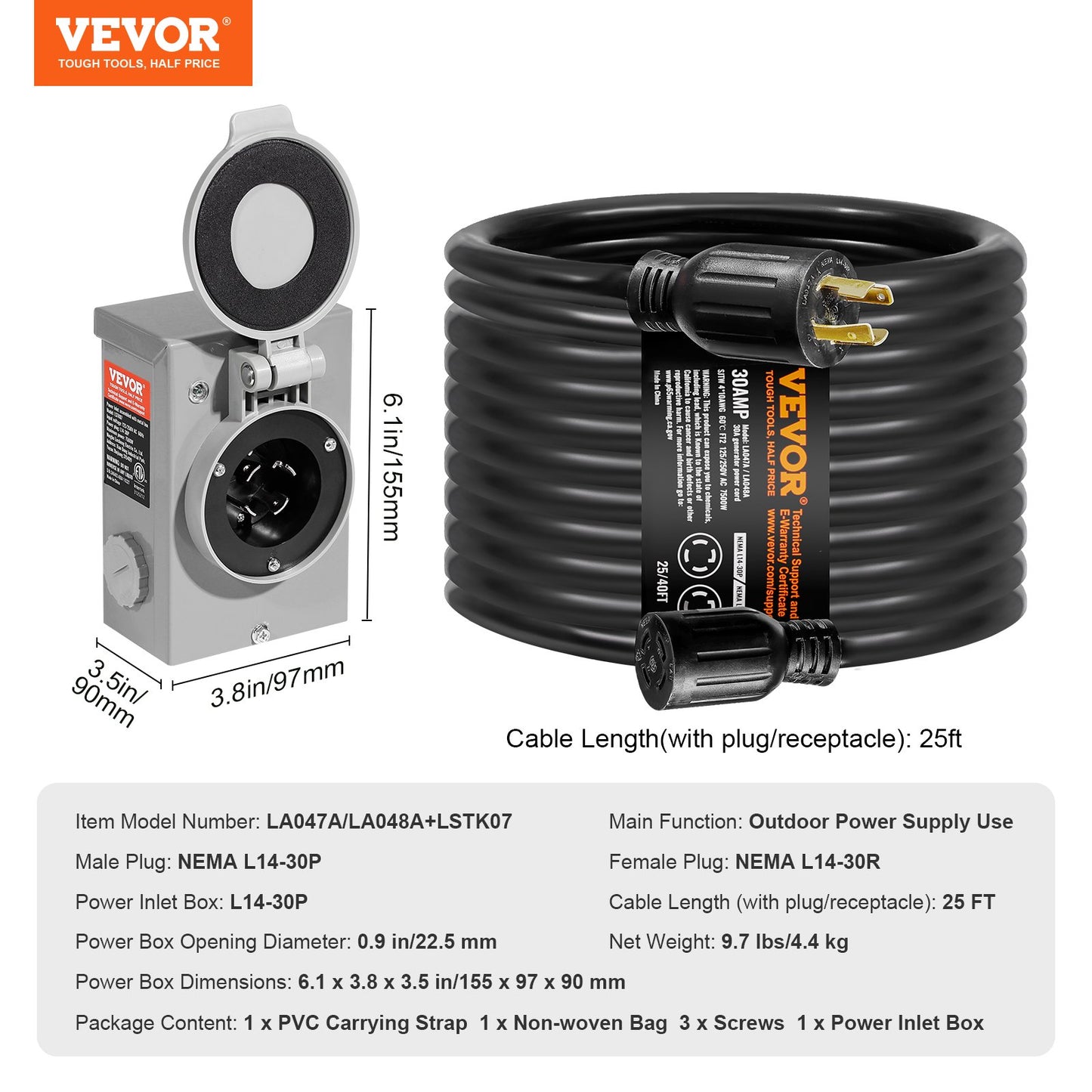 30 Amp Generator Cord and Power Inlet Box Kit, 25 FT, NEMA L14-30P/L14-30R STW 10 AWG Generator Power Extension Cord with Twist Lock Connector, Pre-Drilled Inlet Box for RV Outdoor, ETL Listed