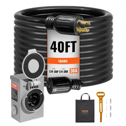 30 Amp Generator Cord and Power Inlet Box Kit, 40 FT, NEMA L14-30P/L14-30R STW 10 AWG Generator Power Extension Cord with Twist Lock Connector, Pre-Drilled Inlet Box for RV Outdoor, ETL Listed