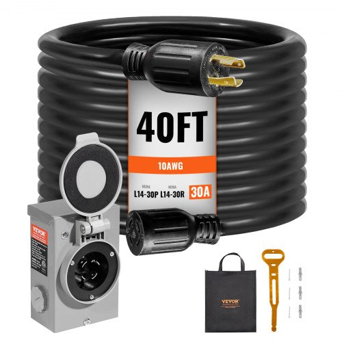 30 Amp Generator Cord and Power Inlet Box Kit, 40 FT, NEMA L14-30P/L14-30R STW 10 AWG Generator Power Extension Cord with Twist Lock Connector, Pre-Drilled Inlet Box for RV Outdoor, ETL Listed