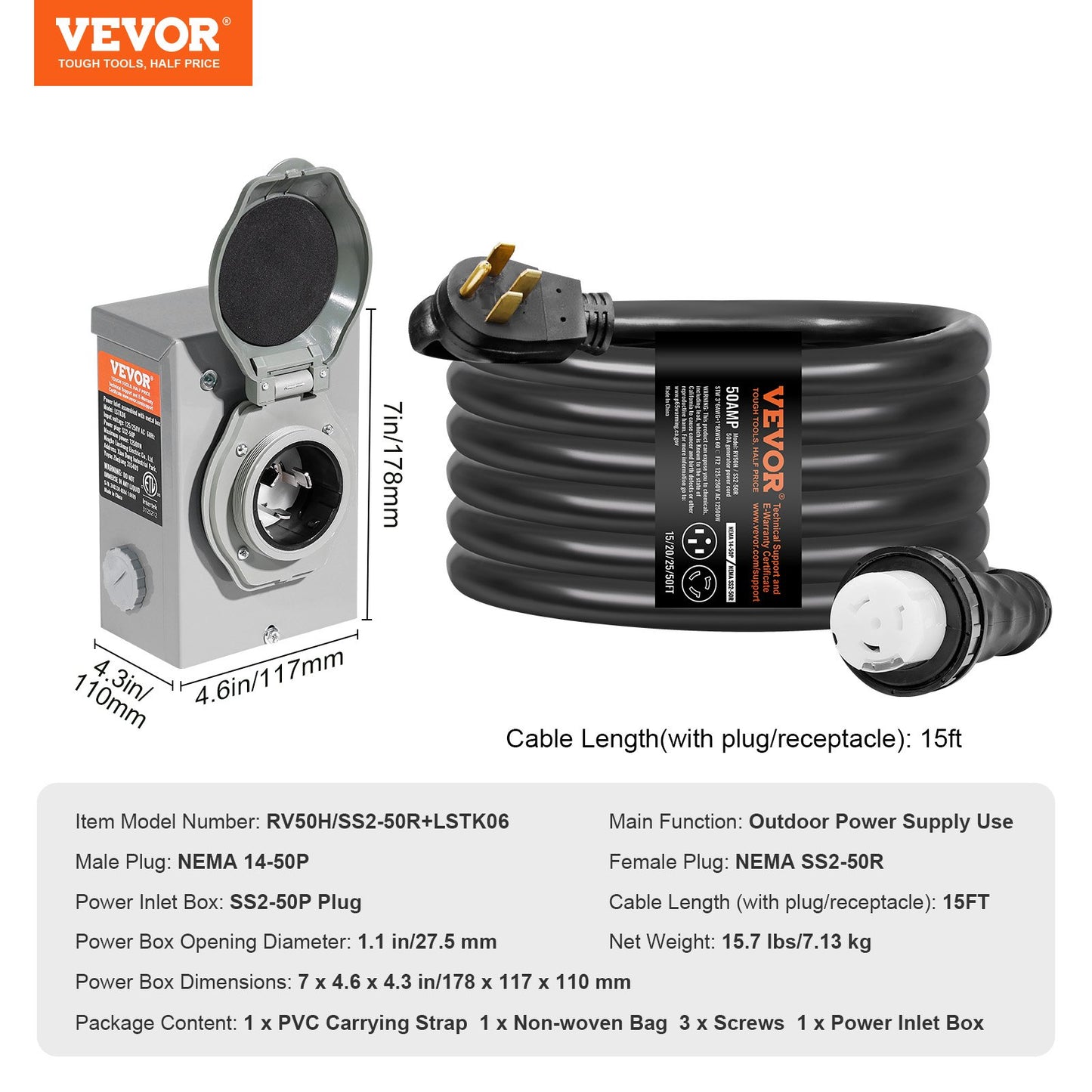 50 Amp Generator Cord and Power Inlet Box Kit, 15FT, NEMA 14-50P/SS2-50R STW 6/3+8/1 AWG Generator Power Cord with Twist Lock Connector, Pre-Drilled Inlet Box for Generator to House, ETL Listed