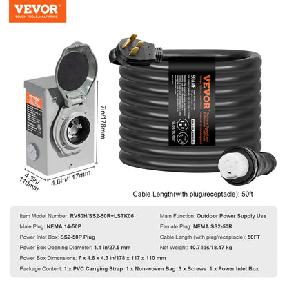 50 Amp Generator Cord and Power Inlet Box Kit, 50FT, NEMA 14-50P/SS2-50R STW 6/3+8/1 AWG Generator Power Cord with Twist Lock Connector, Pre-Drilled Inlet Box for Generator to House, ETL Listed