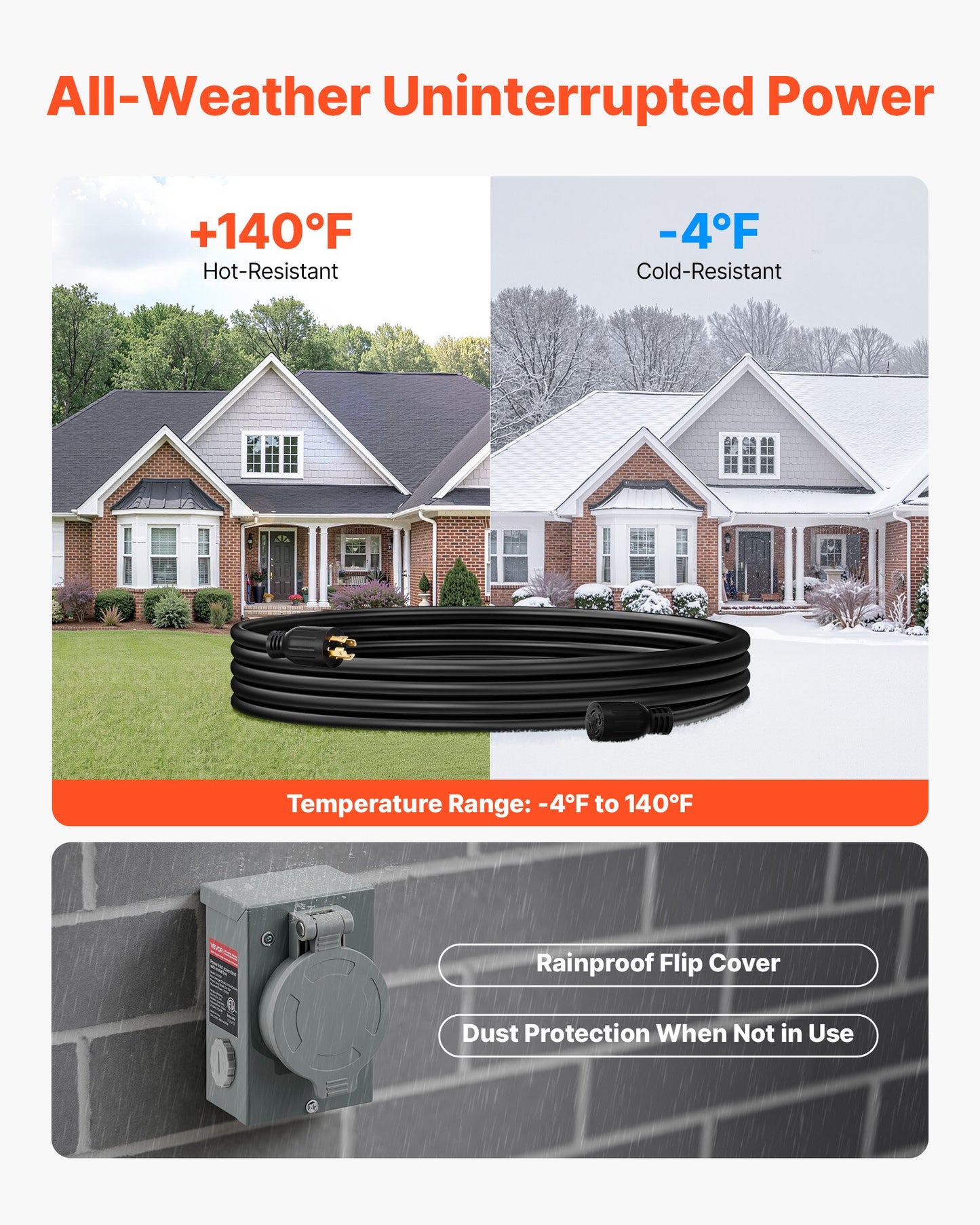 30 Amp Generator Cord and Power Inlet Box, 75 FT, 125/250V NEMA L14-30P to L14-30R Heavy Duty Extension Power Cord, SJTW 10 Gauge 7500W, Pre-Drilled Inlet Box, for Generator to House, ETL Listed