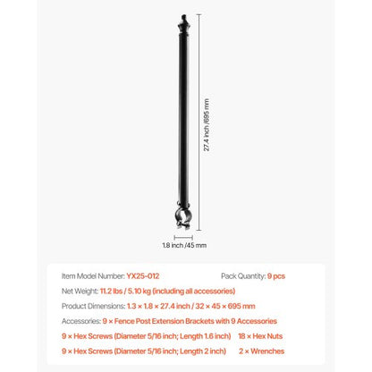 9-Pack 27.4 Inch Chain Link Fence Extender for 1.3"-1.5" Top Rail U-Bracket | EU