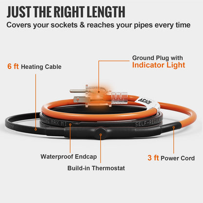 Self-Regulating Pipe Heating Cable, 6-feet 5W/ft Heat Tape for Pipes Freeze Protection, Protects PVC Hose, Metal and Plastic Pipe from Freezing, 120V